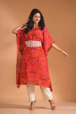 Red bandhani kaftan and golden pant with printed 2
