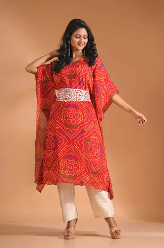 Red bandhani kaftan and golden pant with printed