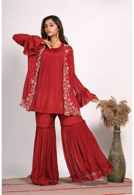 Red jacket with sharara set with hand embroidery 1