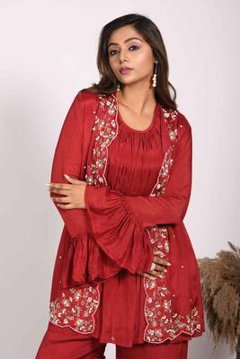 Red jacket with sharara set with hand embroidery 2
