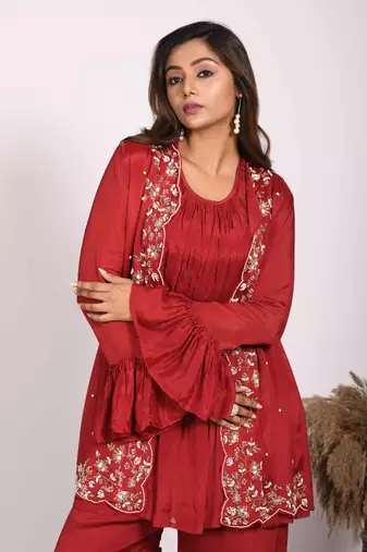 Red jacket with sharara set with hand embroidery