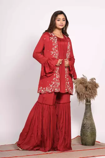 Red jacket with sharara set with hand embroidery