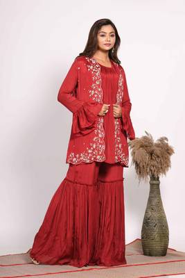 Red jacket with sharara set with hand embroidery 4