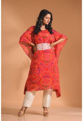 Red bandhani kaftan and golden pant with printed 4