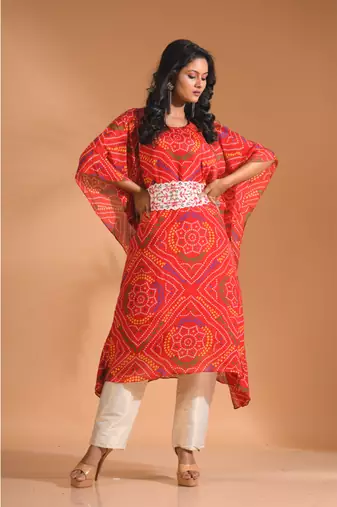 Red bandhani kaftan and golden pant with printed