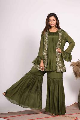 Green jacket with sharara set with hand embroidery 1