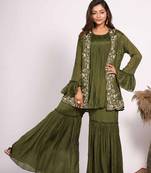 Green jacket with sharara set with hand embroidery
