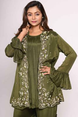 Green jacket with sharara set with hand embroidery 2