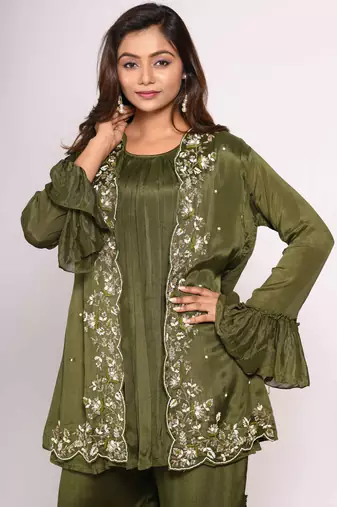Green jacket with sharara set with hand embroidery