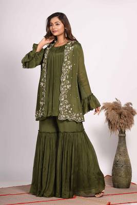 Green jacket with sharara set with hand embroidery 3