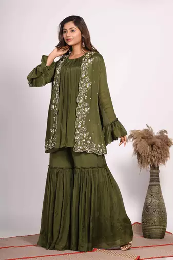 Green jacket with sharara set with hand embroidery