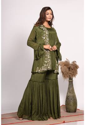 Green jacket with sharara set with hand embroidery 4