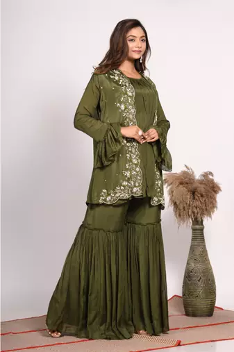 Green jacket with sharara set with hand embroidery