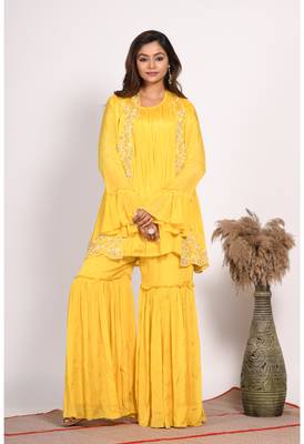 Yellow jacket with sharara set with hand embroidery 1