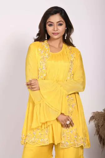 Yellow jacket with sharara set with hand embroidery