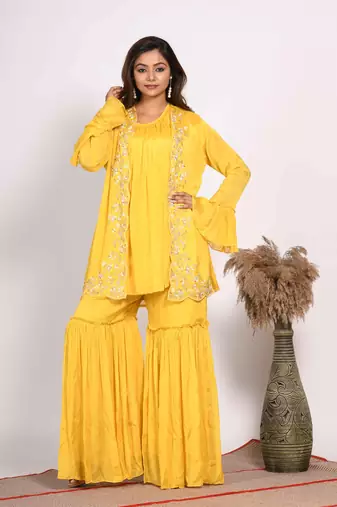 Yellow jacket with sharara set with hand embroidery
