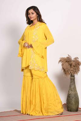 Yellow jacket with sharara set with hand embroidery 4