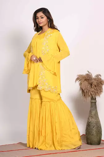 Yellow jacket with sharara set with hand embroidery