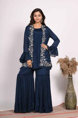 Blue jacket with sharara set with hand embroidery 1