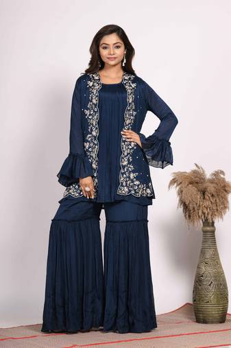 Blue jacket with sharara set with hand embroidery