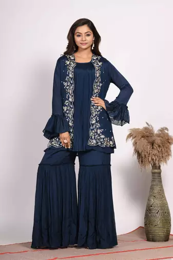 Blue jacket with sharara set with hand embroidery