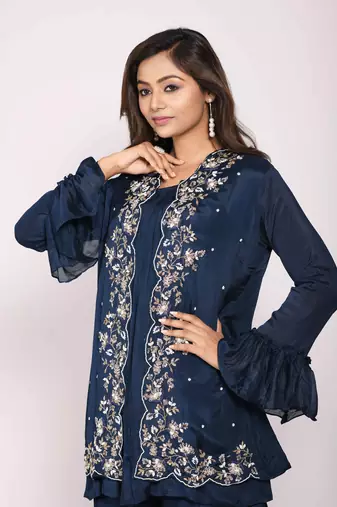 Blue jacket with sharara set with hand embroidery