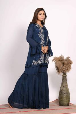 Blue jacket with sharara set with hand embroidery 3