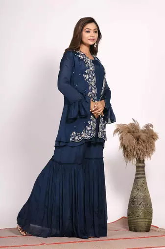 Blue jacket with sharara set with hand embroidery