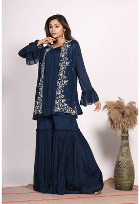 Blue jacket with sharara set with hand embroidery 4