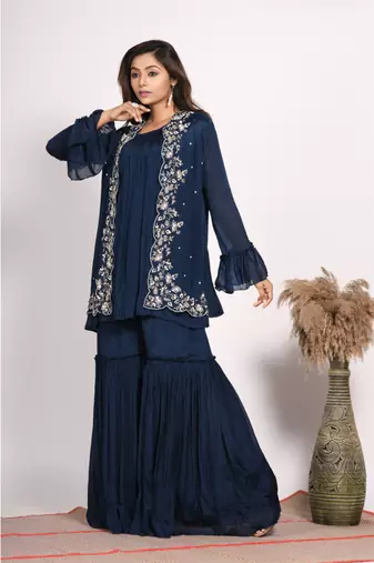 Blue jacket with sharara set with hand embroidery