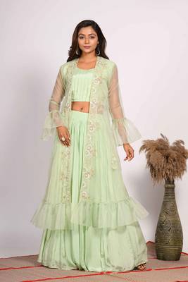 Green crop top with jacket with hand embroidery 1