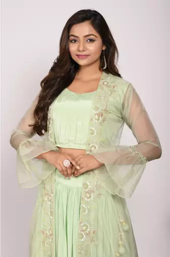Green crop top with jacket with hand embroidery