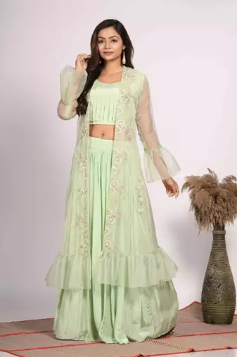 Green crop top with jacket with hand embroidery