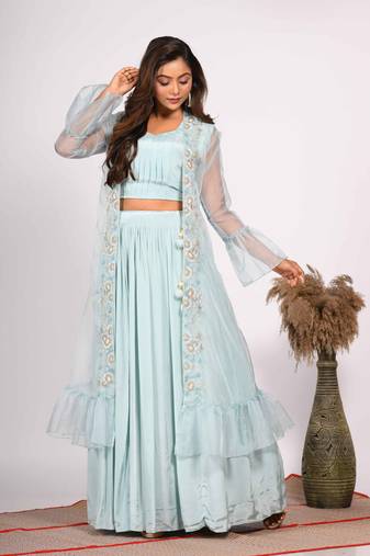 Blue crop top with jacket with hand embroidery