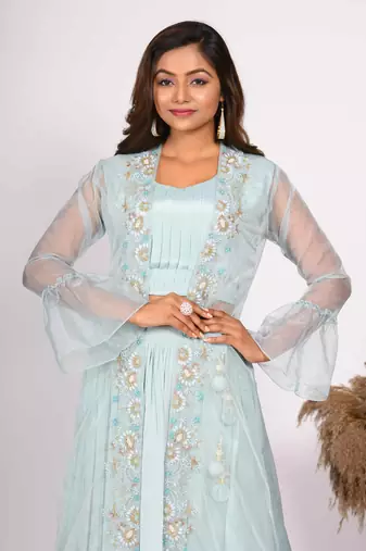 Blue crop top with jacket with hand embroidery