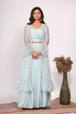 Blue crop top with jacket with hand embroidery 4