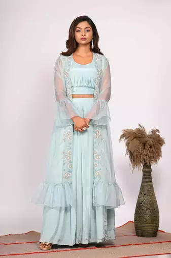 Blue crop top with jacket with hand embroidery