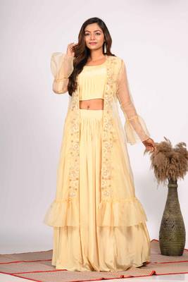 Yellow crop top with jacket with hand embroidery 1