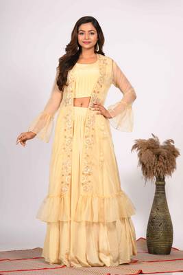 Yellow crop top with jacket with hand embroidery 3