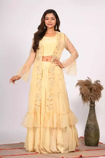 Yellow crop top with jacket with hand embroidery