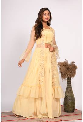 Yellow crop top with jacket with hand embroidery 4