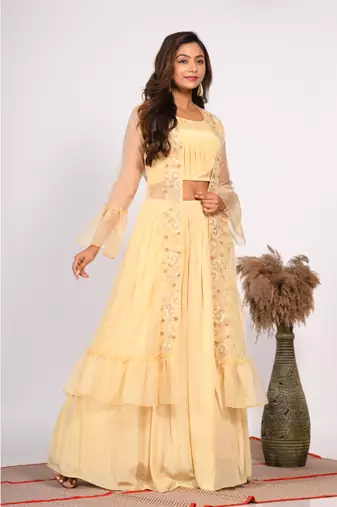 Yellow crop top with jacket with hand embroidery
