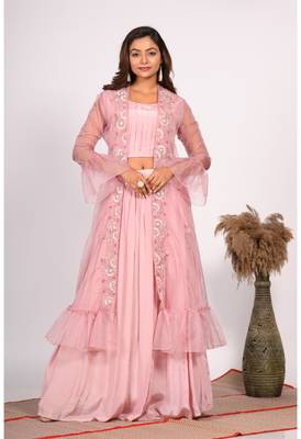 Pink crop top with jacket with hand embroidery 1