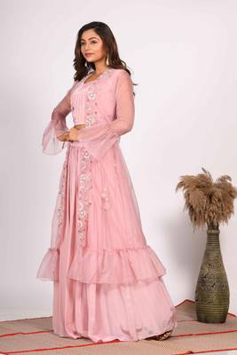 Pink crop top with jacket with hand embroidery 3