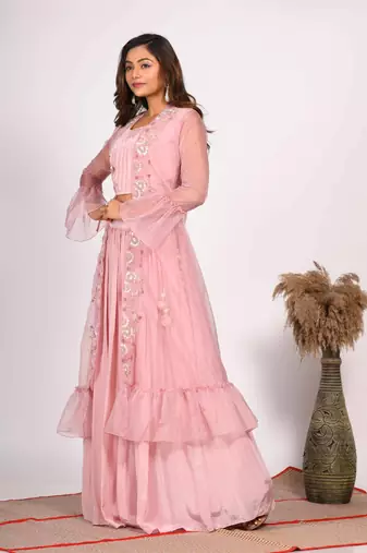 Pink crop top with jacket with hand embroidery