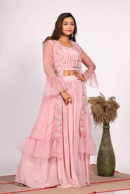 Pink crop top with jacket with hand embroidery 4