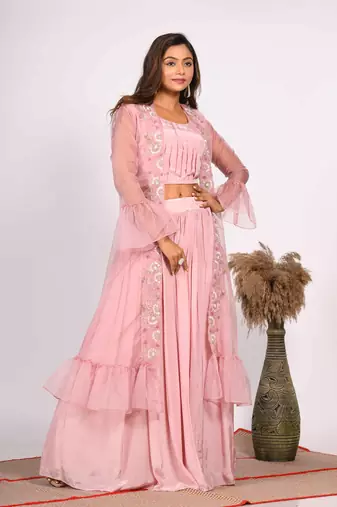 Pink crop top with jacket with hand embroidery
