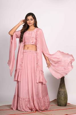 Light pink crop top with long jacket with hand embroidery 1