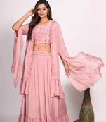 Light pink crop top with long jacket with hand embroidery