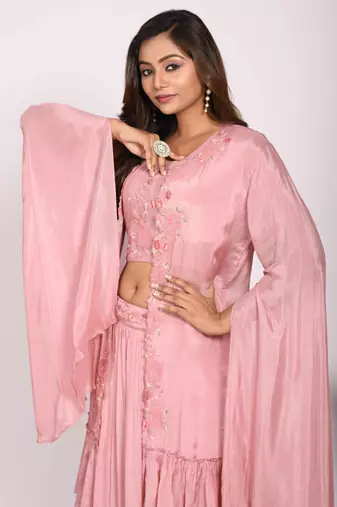 Light pink crop top with long jacket with hand embroidery